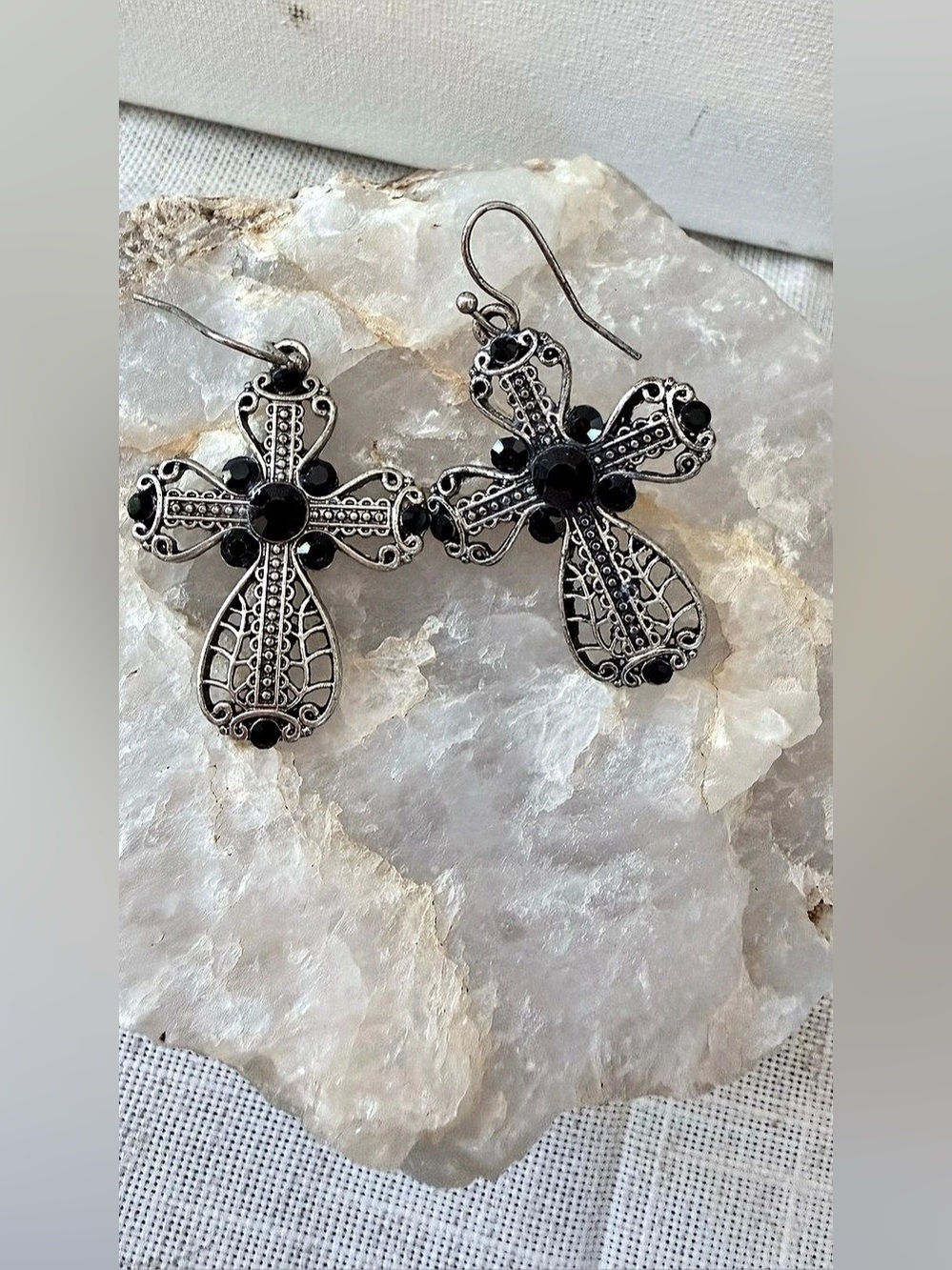 Cross Earrings in Black & Silver Like New